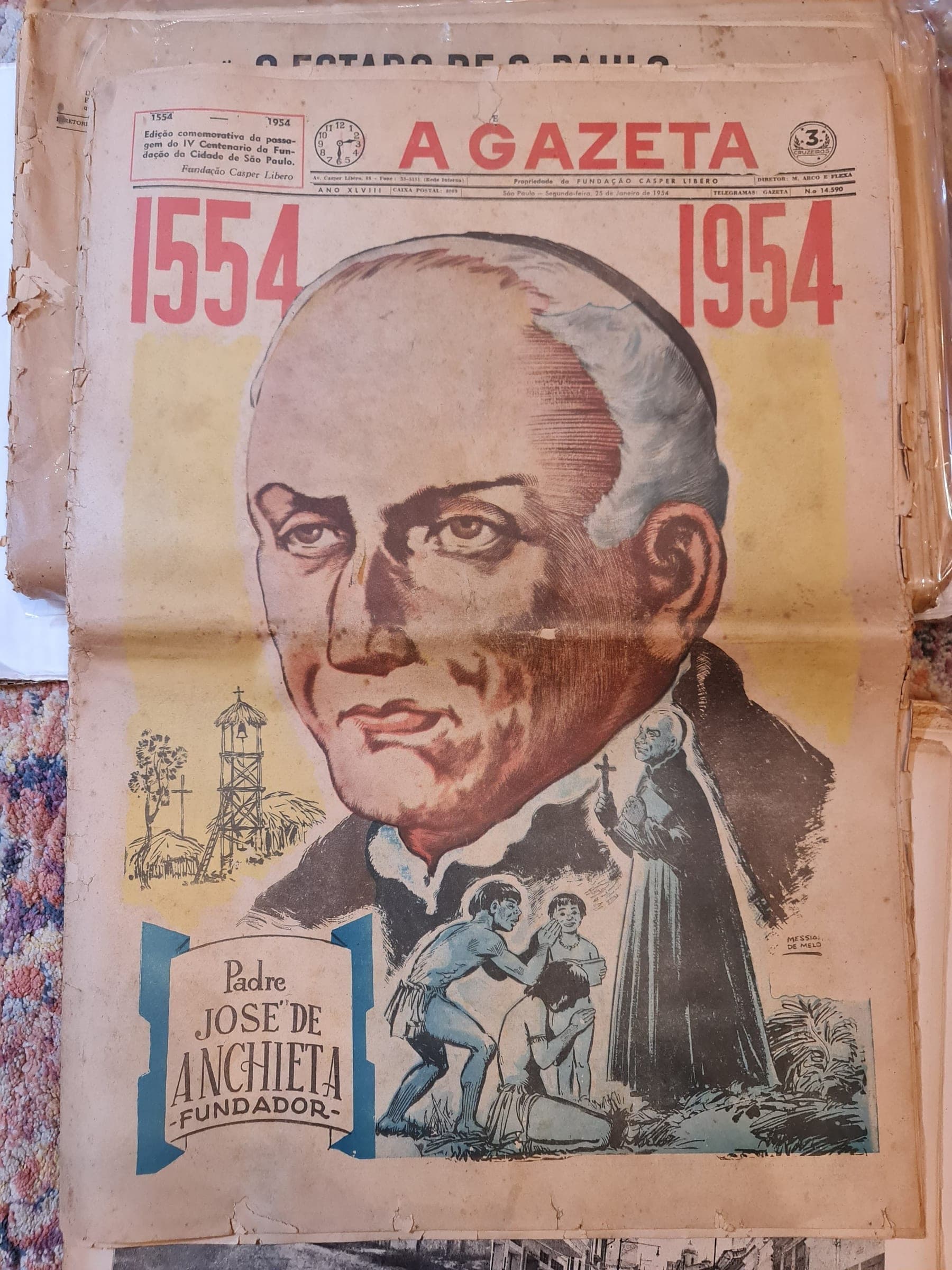 Padre José de Anchieta em destaque, ladeado pelas datas 1554 e 1954 — quatro séculos condensados em uma capa.